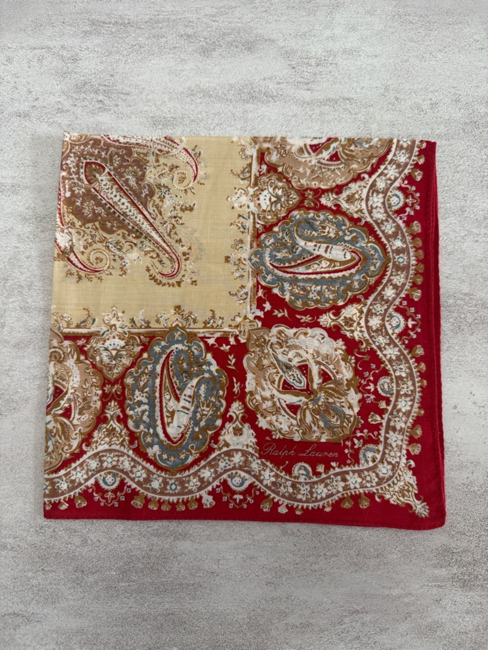 Ralph Lauren Red, Cream & Gold Paisley cotton vintage handkerchief - Picture 2 of 6